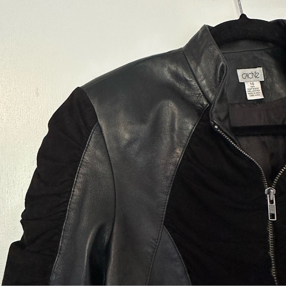 Cache Goat Suede Leather Ruched Sleeve Zip Jacket - Picture 2 of 6